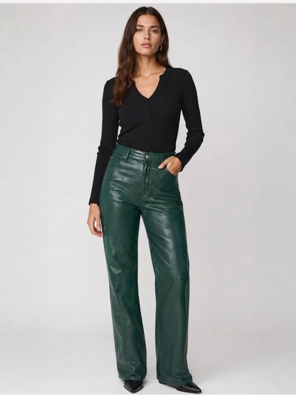 Aritzia Melina Wilfred Dark Green Wide-Leg Leather Jeans size 10, like new.